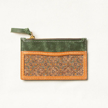 Ethnic Vegetable Tanned Leather Card Holder with Zip